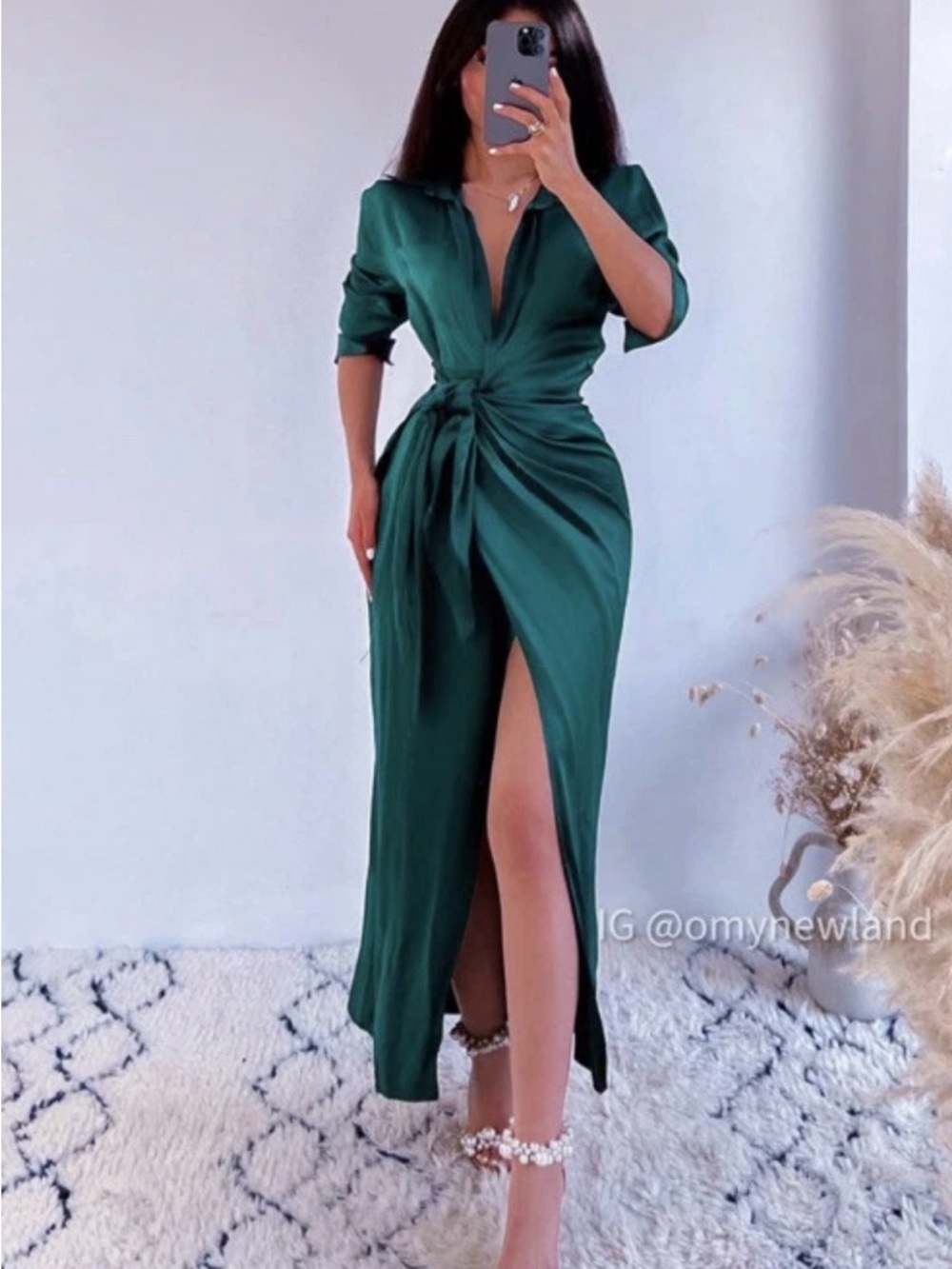 Zara Limited Edition Wrap, Satin Shirt Dress Bottle Emerald Green Size XS